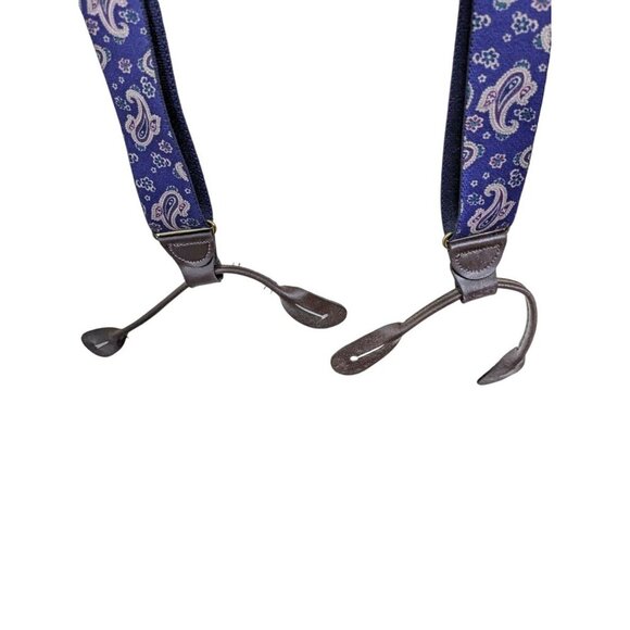 Vintage Pelican Suspenders Blue Paisley Leather Trim Button On USA Preppy Office - Picture 3 of 6